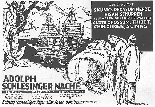 Anzeige Firma Adolf Schlesinger Leipzig. Spezialität, unter anderem, „Thibet, chin. Ziegen, Slinks“ (etwa 1900).