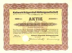 Aktien-Schein der Kaliwerke Krügershall Aktiengesellschaft