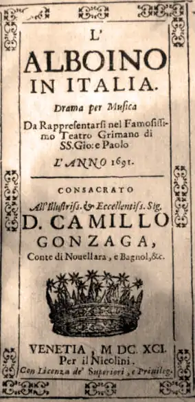Alboino in Italia. Drama per musica, Frontispiz, Venedig 1691