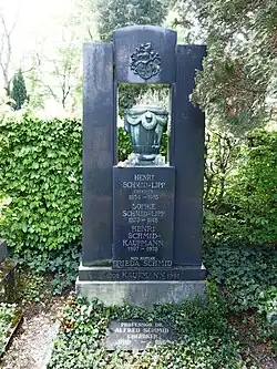 Henri Schmid-Lipp (1854–1915), Sophie Schmid-Lipp (1873–1948), Henri Schmid-Kaufmann (1897–1973), Frieda Schmid-Kaufmann (1902–1981), Alfred Schmid (1899–1968) Familiengrab auf dem Wolfgottesacker, Basel