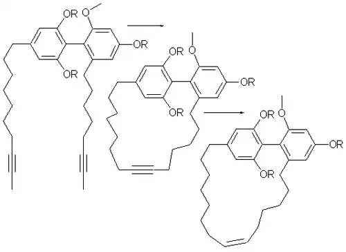 Turrian-Synthese. 1: Alkinmetathese, 2: Reduktion am Lindlar-Katalysator, PMB = para-Methoxybenzyl-Schutgruppe. Mikrowellenreaktion, die zwischen 5 min und 6 h dauert.
