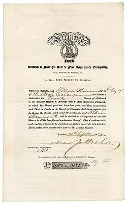 Gründeraktie (Subscriber Certificate) der Alliance British & Foreign Life & Fire Assurance Company über 20 Shares zu je 100 £, ausgestellt in London am 30. September 1824, im Original unterschrieben von Nathan M. Rothschild als Präsident der Gesellschaft. 1886 umbenannt in Alliance Assurance Company, 1959 fusioniert mit der Sun Insurance zur Sun Alliance; diese wiederum fusionierte mit der Royal Insurance zur Royal Sun Alliance, der späteren RSA Insurance Group.