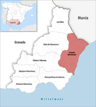 Die Lage der Comarca Levante Almeriense in der Provinz Almería