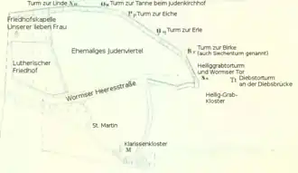 Das Klarissenkloster auf dem Stadtplan von 1730, vermerkt sind die Positionen der damals bereits abgegangenen Martinskirche und des ebenfalls abgegangenen Heilig-Grab-Klosters
