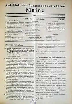 Erste Ausgabe des Amtsblatts, in dem im Titel Bundesbahndirektion erscheint, 1. Mai 1953.