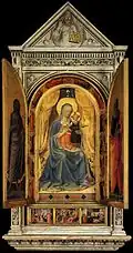 Fra Angelico: Tabernacolo dei Linaioli mit musizierenden Engeln im Rahmen, Florenz