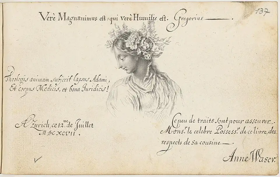 Eintrag von Scheuchzers Cousine, der Malerin Anna Waser (1678–1714), datiert 12. Juli 1697. Waser schuf später Illustrationen für ein Werk von Scheuchzer, siehe unten.
