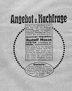 Annoncen-Expedition Inserat von Rudolf Mosse (1843–1920). In der Schweizerische illustrierte Monatszeitschrift „Am häuslichen Herd“ von 1914.