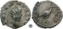 Antoninian des Gallienus, geprägt um 260. Am Revers die Abbildung eines Storches, das Wappentier der leg(io) III Ital(ica) P(ia) F(idelis)