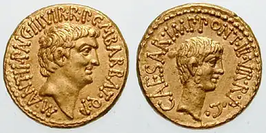 Aureus aus dem Jahr 41 v. Chr. mit den Porträts von Marcus Antonius (links) und Octavian