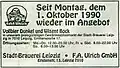 Anzeige der Brauerei F.A. Ulrich am 3. Oktober 1990