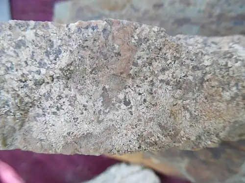 Rosafarbener Aplitgang von La Bardinie, Nontron, mit ungewöhnlichem, an Myrmekit erinnerndem Schriftgranitgefüge