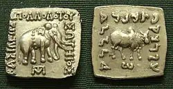 Vorder- und Rückseite einer silberfarbigen und quadratischen Münze nebeneinander. Eine Seite zeigt einen Elefanten, die andere einen Büffel