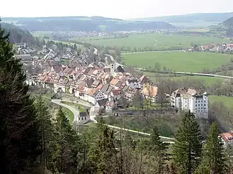 Die Mühlheimer Oberstadt auf einem Bergsporn oberhalb der Donau