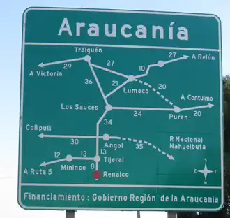 Die Umgebung von Angol auf einem Wegweiser