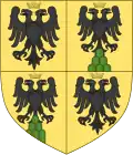 1530 anlässlich der Erhebung in den Reichsgrafenstand gebessertes, geviertes Wappen mit doppelköpfigem Reichsadler als Gnadenzeichen in Feld 1 und 4 sowie im gebesserten Stammwappen in Feld 2 und 3