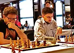 An den Spitzenbrettern für die OSG Baden-Baden: Lewon Aronjan (li.) und Maxime Vachier-Lagrave am 30. April 2018