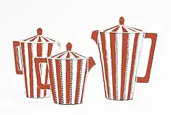 Kaffeeservice mit flachen Henkeln in verschiedenen Dekoren. Pavel Janák, 1912–1919