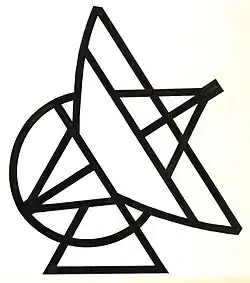 Das Logo ist für das Max-Planck-Institut für Radioastronomie in Bonn 1969 entworfen worden. Es zeigt stilisiert die Hauptkonstruktionsmerkmale des 100m Radioteleskopes in Effelsberg.