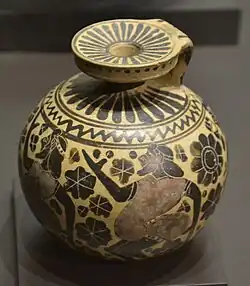 Zwei Aryballoi mit Reigentänzen von Dickbauchtänzern des Malers der New Yorker Komasten: links Namenvase im Metropolitan Museum of Art, Inventarnummer 06.1021.17; um 620/590 v. Chr.; rechts im Museo Arqueológico Nacional de España, Inventarnummer 1999/99/33; um 620/600 v. Chr.