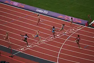 Zieleinlauf Vorlauf zwei: Marta Jeschke (Bahn 2), Diane Borg (B. 3), Olga Bludowa (B. 4), Sheniqua Ferguson (B. 5), Carmelita Jeter (B. 6), Olga Belkina (B. 7), Anyika Onuora (B. 8), Julija Balykina (B. 9)