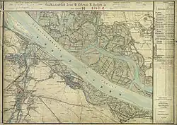 Der Süden von Groß-Enzersdorf mit der Lobau, den Resten der napoleonischen Schanzen, Mühlleiten und Oberhausen, um 1873