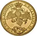 Freie Reichsstadt Augsburg, 12 Dukaten 1740, Vs.: Stadtpyr mit Flussgottheiten Lech, Wertach und Singold, Rs.: Doppeladler, Titel Kaiser Karls VI.[72]