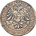 Freie Reichsstadt Augsburg, Guldentaler 1560, Vs.: Stadtpyr, Rs.: Doppeladler, Titel Kaiser Ferdinands I.[72]