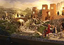 Weihnachtskrippe, Ansicht mit Bach und Brücke