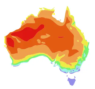 Durchschnittliche tägliche Maximaltemperatur im Januar (Sommer) ﻿unter 24 °C ﻿24 bis 27 °C ﻿27 bis 30 °C ﻿30 bis 33 °C ﻿33 bis 36 °C ﻿36 bis 39 °C ﻿über 39 °C