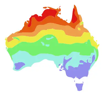 Durchschnittliche tägliche Maximaltemperatur im Juli (Winter) ﻿unter 15 °C ﻿15 bis 18 °C ﻿18 bis 21 °C ﻿21 bis 24 °C ﻿24 bis 27 °C ﻿27 bis 30 °C ﻿über 30 °C