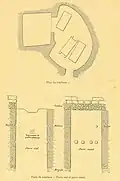 A group of three sketches showing a burial chamber with three rectangles representing sarcophagi, and two burial shafts
