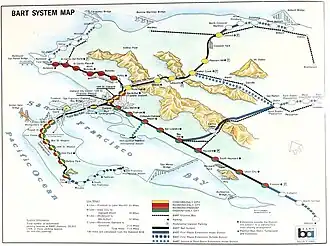Offizieller Netzplan des BART-Systems im ungewöhnlichen Stil eines Vogelschauplans (1989)