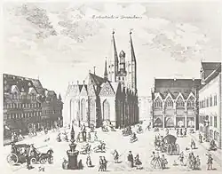 Kupferstich der Martinikirche mit drittem Turm und Dachreiter (1776)