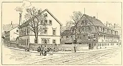 Denningersche Brauerei unter Franz Bardili, Ecke Tübinger Straße/Christophstraße im Jahr 1889. Aufgegangen in der Tivoli Brauerei.[17]