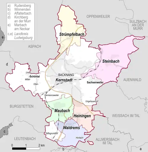 Grafik mit den Stadtteilen und Grenzen der Ortschaften Backnangs