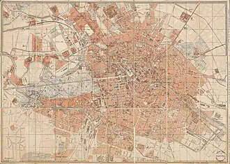 Übersichtskarte für den aus 3 Streifen bestehenden Stadtplan Berlins aus Mittel- und Norddeutschland (D 109) und Berlin nebst Potsdam und Umgebungen von 1878 (1. Aufl., D 200) sowie Halbleineneinband desselben Titels von 1883 (3. Aufl., D 202)