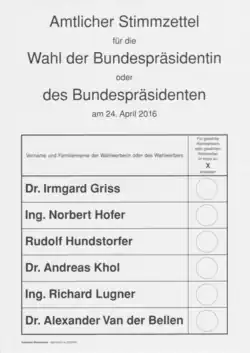 „Amtlicher Stimmzettel für die Wahl der Bundespräsidentin oder des Bundespräsidenten am 24. April 2016“
