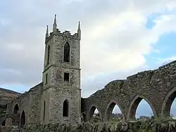 Ruine der Baltinglass Abbey mit dem Turm einer anglikanischen Kirche, die zu Beginn des 19. Jahrhunderts in der Ruine errichtet wurde