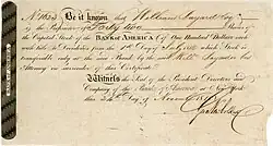 Aktie der Bank of America über 42 Anteile zu je 100 $, ausgegeben in New York am 24. November 1818, eingetragen auf William Bayard, Präsident der Bank ab 1814, im Original unterschrieben von George Newbold als Kassierer, Präsident der Bank ab 1832