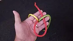 Ein Kardeel, in diesem Fall das rote, bringt man entgegen dem Uhrzeigersinn unter das nächste, hier das grüne Kardeel