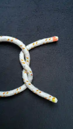 Das Bild 1 von oben um 90° im UZS gedreht. Ein „S“ geschlagener Halber Knoten (Man betrachte die Stelle, an der ein Seil in der Mitte über das andere geht. Das Seil mit rotem Ende zeigt den Buchstaben S).