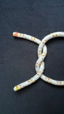 Das Bild 4 von oben um 90° im UZS gedreht. Ein „Z“ geschlagener Halber Knoten (das Seil mit rotem Ende zeigt den Buchstaben Z).