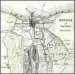 Stadtplan von Batavia, veröffentlicht im Jahr 1846. – Das Hospital, etwas rechts von der Mitte der Karte, war Junghuhns erster Arbeitsplatz.[43]