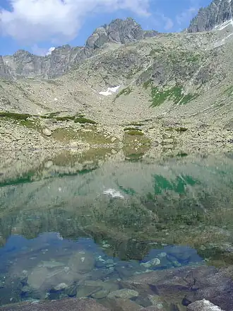 Popradský Ľadový štít, Kačací štít und Batizovský štít vom Bergsee Batizovské pleso (Botzdorfer See) aus gesehen
