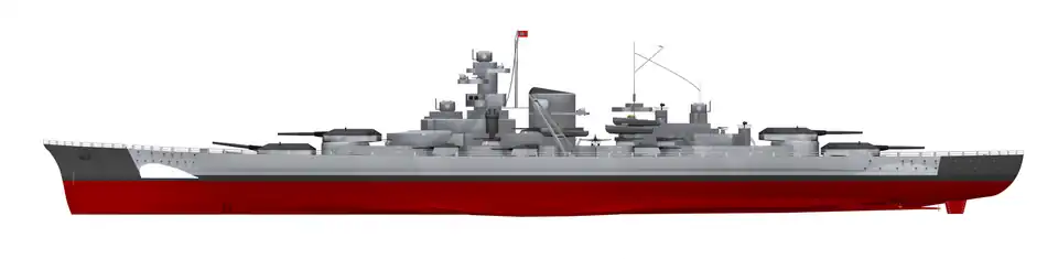 Bismarck: Die hellgraue Rumpfbemalung mit weißer Bugwelle sollte ein kleineres / schwä­che­res Schiff vortäuschen