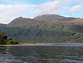 Blick auf den Ben Lomond vom Westufer des Loch Lomond; links der Seitengipfel Ptarmigan