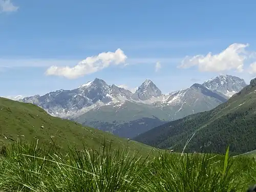 Mit Piz Mitgel, Tinzenhorn, Pizza Grossa und Piz Ela (v. l. n. r.), aufgenommen von Val Schmorras.