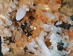 Feine weiße Bertranditkristalle (Dicke ca. 1 mm) mit braunem Kassiterit und Quarz (Mitte links) vom Mount Bischoff, Tasmanien, Australien