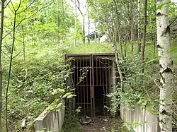Nahe dem ehemaligen Westportal liegt ein Wartungszugang; im Hintergrund ist die Brücke der neutrassierten Strecke über die B 27 zu sehen